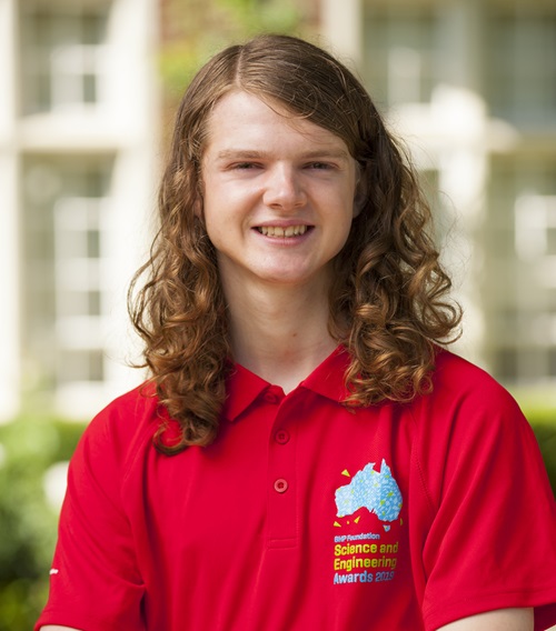 Isaac Brain wearing a red BHP Foundation Science and Engineering Awards 2019 shirt.