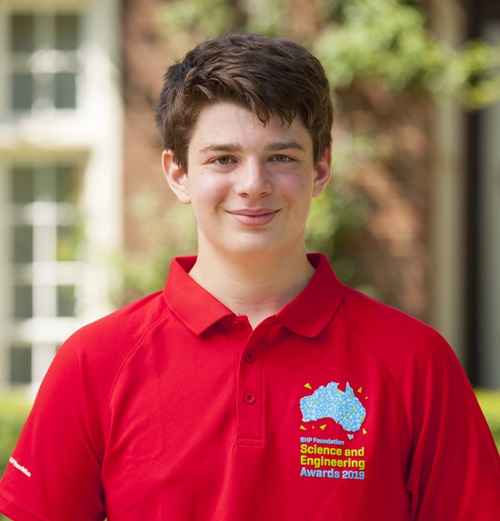 Mitchell Torok wearing a red BHP Foundation Science and Engineering Awards 2019 shirt.