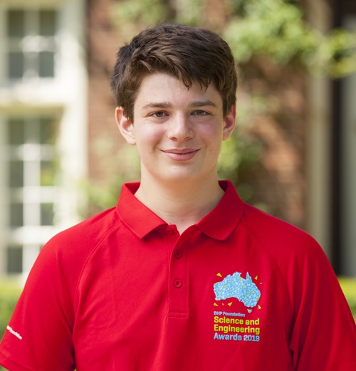 Mitchell Torok wearing a red BHP Foundation Science and Engineering Awards 2019 shirt.