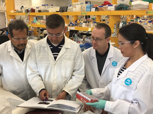 Four scientists study a sample against notes in a book