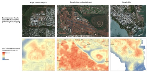 Satellite image comparison showing parts of Darwin in normal visible view, and the same areas ovelaid with heat mapping technology.