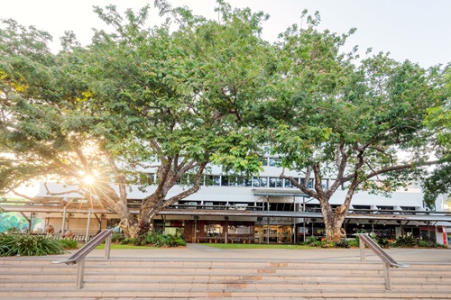 View down a path along the length of Smth St Mall with trees and gardenson either side. 