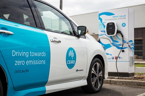 CSIRO’s fleet electric vehicle being charged with renewable energy through the new solar-powered charging station
