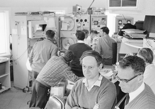 CSIRO staff watch the moon landing from within the Parkes radio telescope, on 21 July 1969.