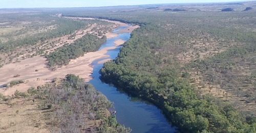 Aerial shot of a section of the Fitzroy catchment in Western Australia’s Kimberley region showig a river snaking through a treed landscape.