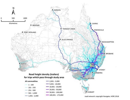 Map of Australia showing road freight density along inland rail lines.