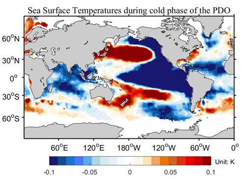 Map of the world showing the cold phase of the PDO across the oceans.