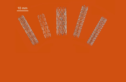 Cloe up view of five 3D prited stents of various sizes on an orange background. 