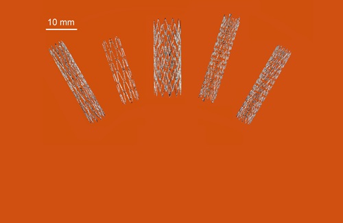 Cloe up view of five 3D prited stents of various sizes on an orange background. 