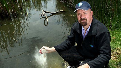 Grant Douglas next to a pond with water reeds in the background. 