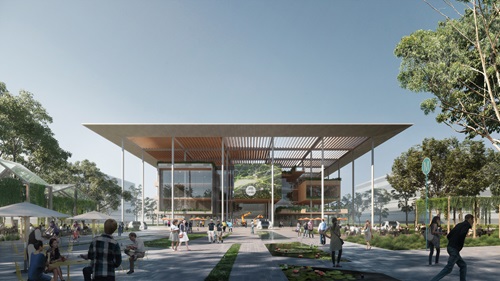 A building with trees around it