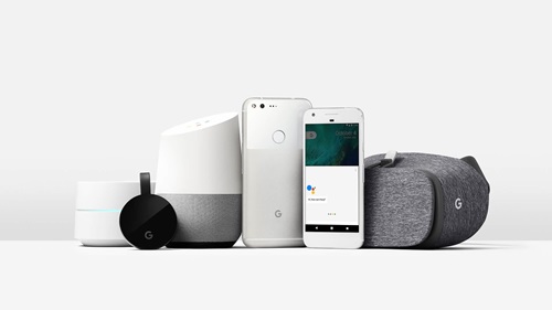Group of six electonic voice devices, for example an Amazon Alexia device, iPhone, Google smart phone, Google Home device.