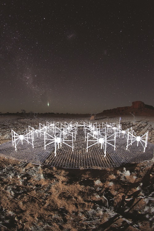 Night sky showing the radio telescopes in the Murchison Widefield Array in Western Australia. 