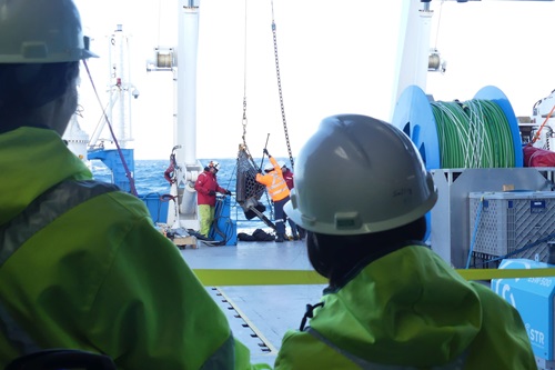 Two poeple in the foreground watch as a group of people release rock samples from a rock dredge on deck of RV Investigator. 