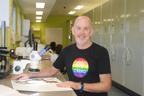 Scientist in Pride t-shirt with microscope and plant sample