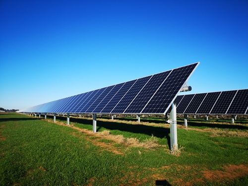 Close up of a bank of solar panels on the Nurmurkah solar farm.