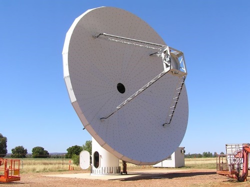 View of one of the dishes of the CSIRO Parkes Wiradjuri telescope. 