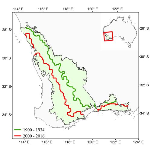 Map showing a section of southern Western Australia where wheat is grown and the demarcation lines indicating the area of wheatbelt shift southwest from 1900 to 2016.