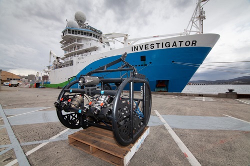 Deep tow camera system siitng on the dock in front of RV Investgator. 