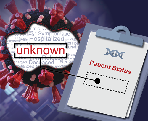 Graphic showing artists drawing of a covid-19 virus with a label titled 'unknown' superimposed over the top and sitting next to a clip board labeled with empty patient status results.. 