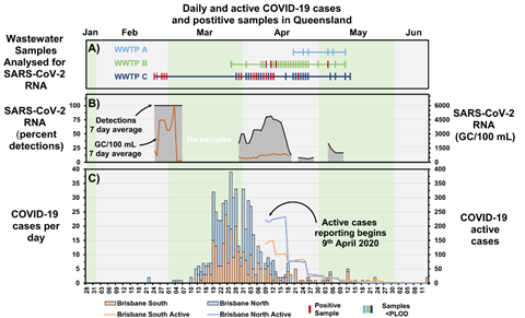 Graphic shows the wastewater testing results over time against the active community cases.