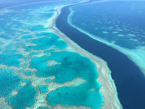 Aerial view over a section of the Great Barrier Reef. 