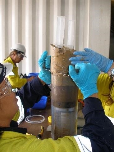 Researcher analysing a soil core sample.
