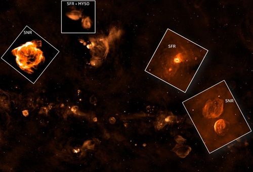 An image of the Galactic Plane as seen in radio waves. Odd shaped orange bubbles and whispy forms align along a dark sky. Inserted images highlight some of these shapes. 