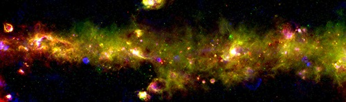 A band of different colours sits on a black background. Strangely shaped bubbles, points of light and wisps of colour seem to swirl around each other.