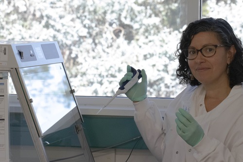 A woman standing in front of a piece of laboratory equipment holding a pipette in her hand ready to load a sample into the machine.