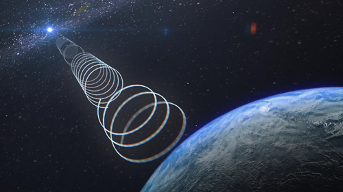 Artist's illustration of a mysterious source from near the centre of the galaxy. Irregular radio waves move from the shining source to the surface of the Earth. 