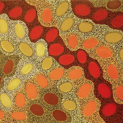 Painting of large ovals in red, orange and yellow, that appear to move and shift along paths of intricate dots in corresponding colours. The artwork was created by Margaret Whitehurst. 