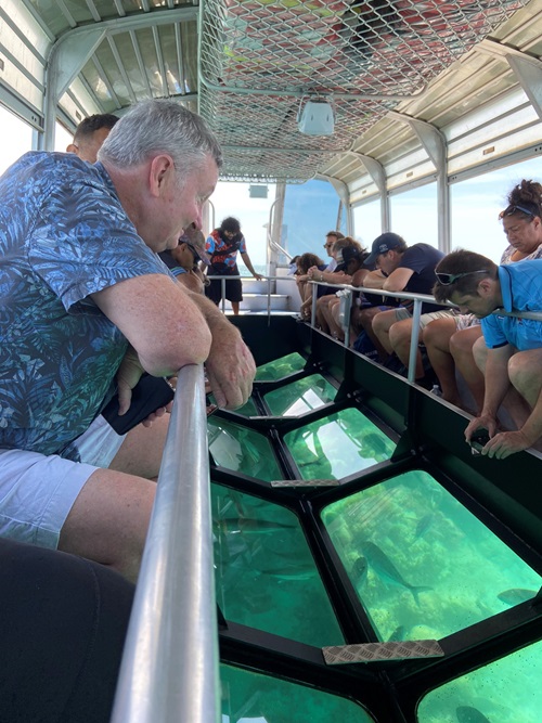 A photo of scientists and Traditional Owners observing the Great Barrier Reef through a glass bottomed boat