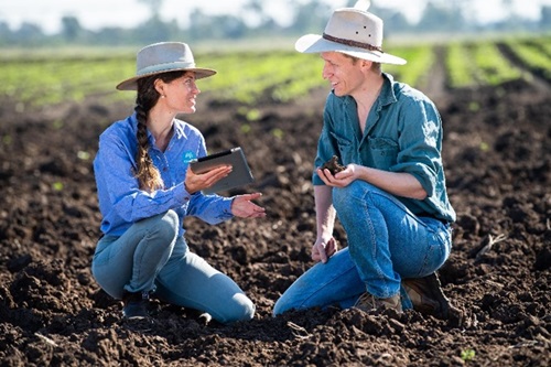A male and female farmer in wide brim hats kneeling in a field of dirt cupping soil in their hands. 