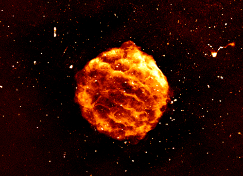 A bubbling red ball hangs in a dark background surrounded by points of light