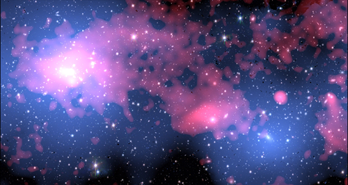 Points of bright light are galaxies, dotted across the image. A blue glow surrounds two bright spots at opposite ends of the image. Streams and clumps of red are splattered across the image.