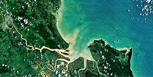 Satellite image from Sentinel Hub showing sediment flow from the Fitzroy River out to Keppel Bay and the Great Barrier Reef.