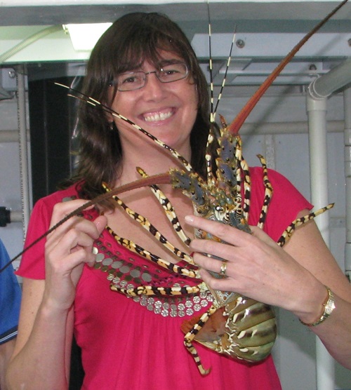 CSIRO senior principal research scientist and project lead of the Torres Strait tropical rock lobster survey, Dr Eva Plaganyi, holding a live tropical rock lobster/Kaiar.