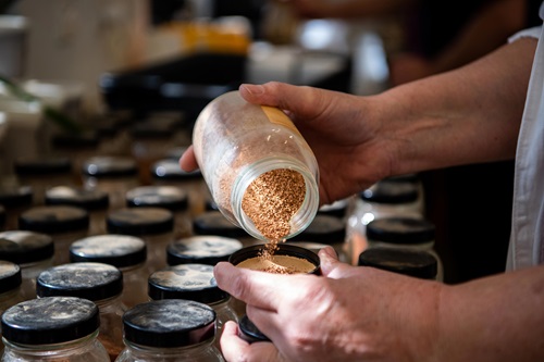 A person pouring soil out of a container into a lid.