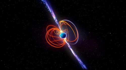 An artist’s impression of the ultra-long period magnetar—a rare type of star with extremely strong magnetic fields that can produce powerful bursts of energy.