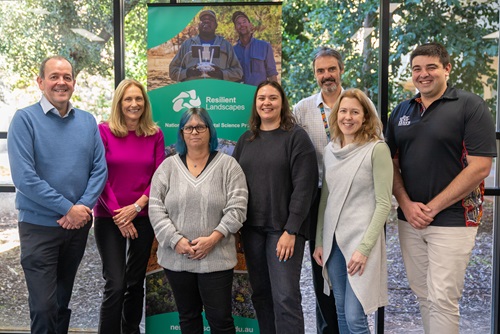 Professor Michael Douglas (NESP Resilient Landscapes Hub, Hub Leader), Professor Samantha Setterfield (NESP Resilient Landscapes Hub, Western Node Leader), Shandell Cummings (NESP RL Hub Indigenous Research Associate), Lenore Morris (NESP RL Hub Indigenous Research Associate), Dr Brett Molony (Science Director, CSIRO ), Dr Laila Simpson (Associate Director of Research Operations, Office of Research, UWA), Oliver Tester (NESP Resilient Landscapes Hub, Indigenous Research Facilitator)