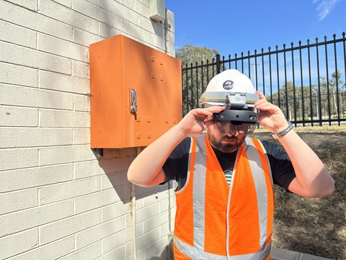 Tech4HSE researcher Stuart Anderson testing prototype augmented reality training technology while wearing holographic smart glasses.