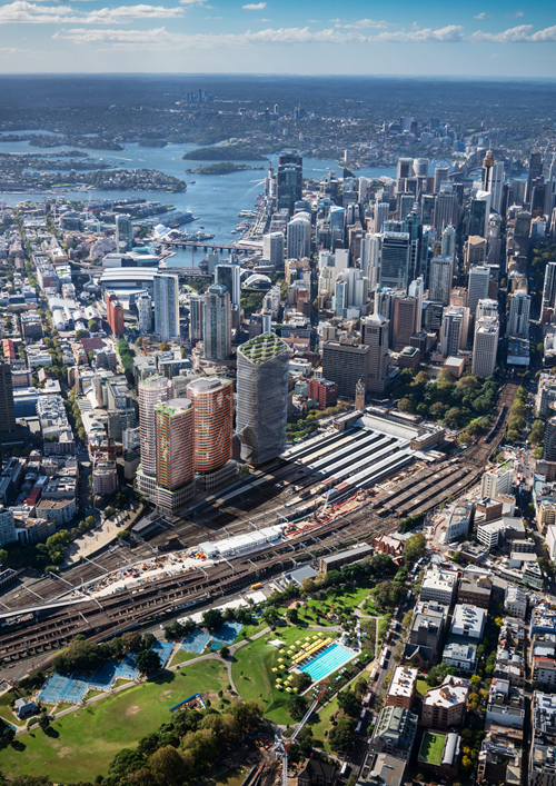 An aerial view of the Tech Central Innovation District in Sydney, showing future-planned buildings. 