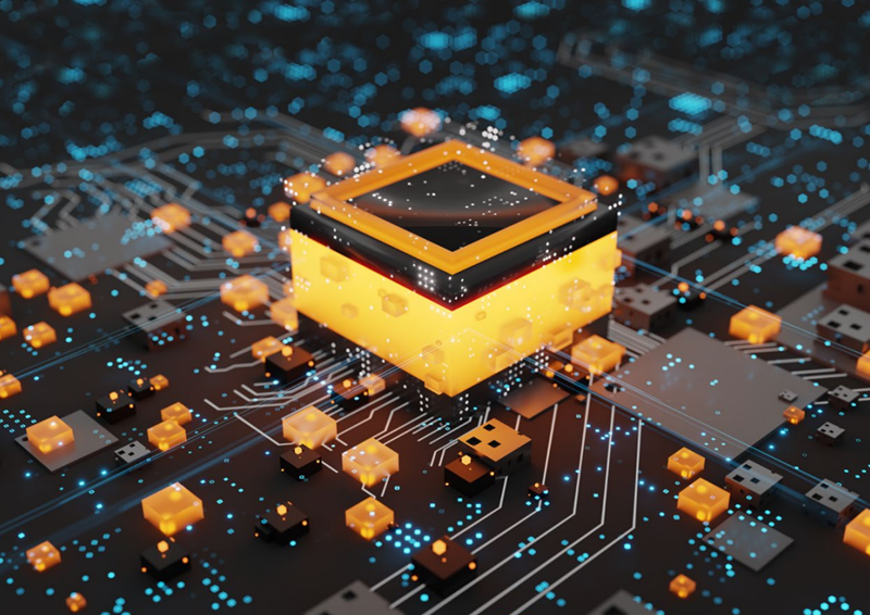 A stylised image of a quantum computer, with a glowing square on a microchip board surrounded by glowing blue dots. 
