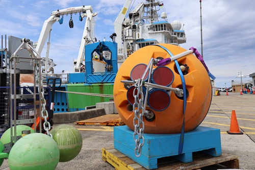 Floatation device, part of the tall mooring with acoustic current profilers attached.