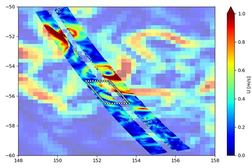 SWOT swath showing high resolution satellite data over existing low resolution data of eddies in ACC_box is survey area.