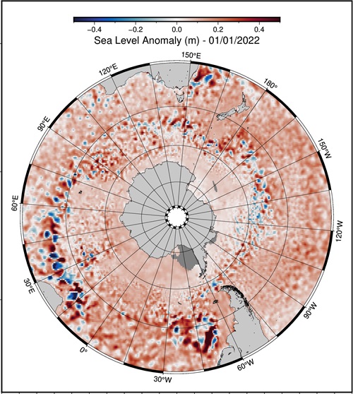 Sea level variations over a single day around the Antarctic, 1 January 2022.