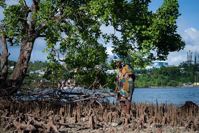 Woman standing on the edge of a body of water in Vanuatu.