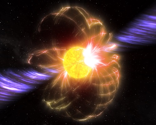 Artist’s impression of a magnetar with magnetic field and powerful jets. 