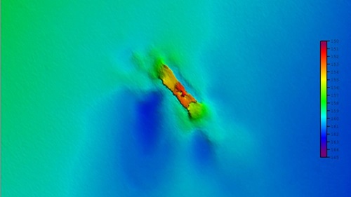 A colourful map showing a shipwreck on the seafloor.
